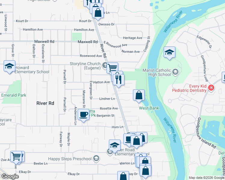 map of restaurants, bars, coffee shops, grocery stores, and more near 30 East Hatton Avenue in Eugene