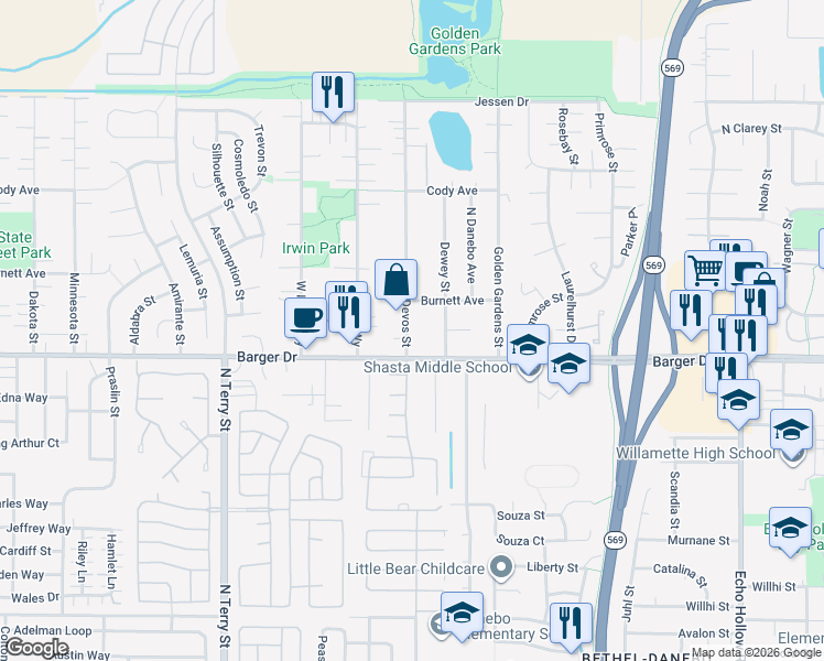 map of restaurants, bars, coffee shops, grocery stores, and more near 2020 Devos Street in Eugene