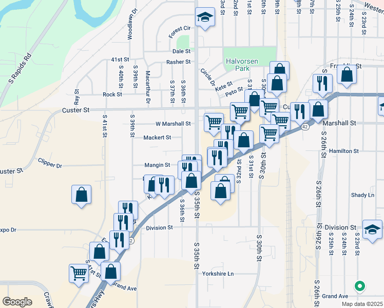 map of restaurants, bars, coffee shops, grocery stores, and more near 1202 South 35th Street in Manitowoc
