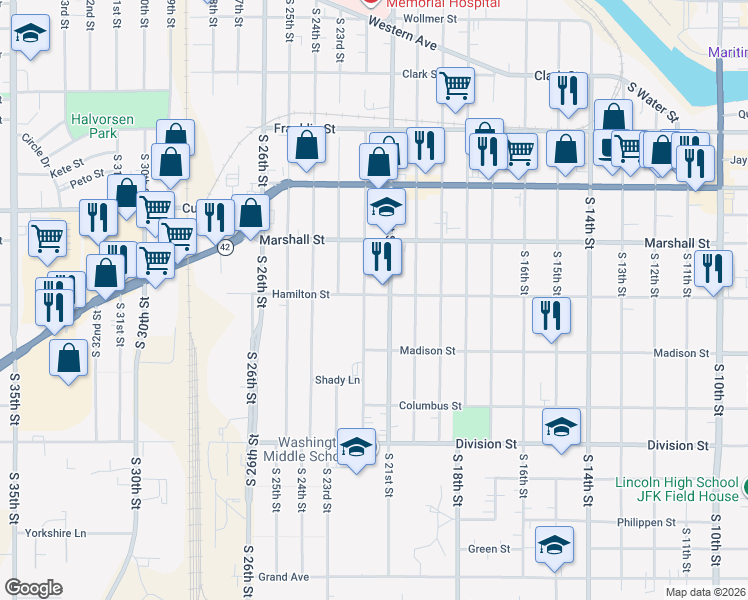 map of restaurants, bars, coffee shops, grocery stores, and more near 1210 South 21st Street in Manitowoc