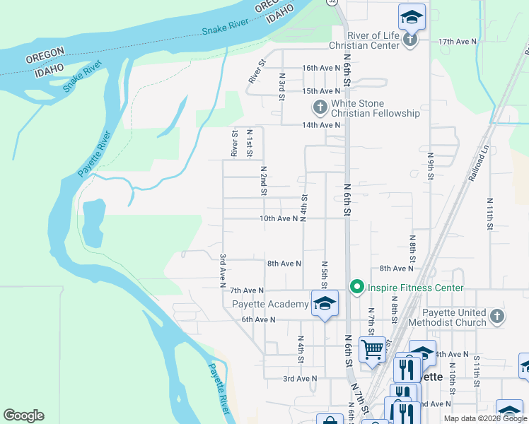 map of restaurants, bars, coffee shops, grocery stores, and more near 222 10th Avenue North in Payette