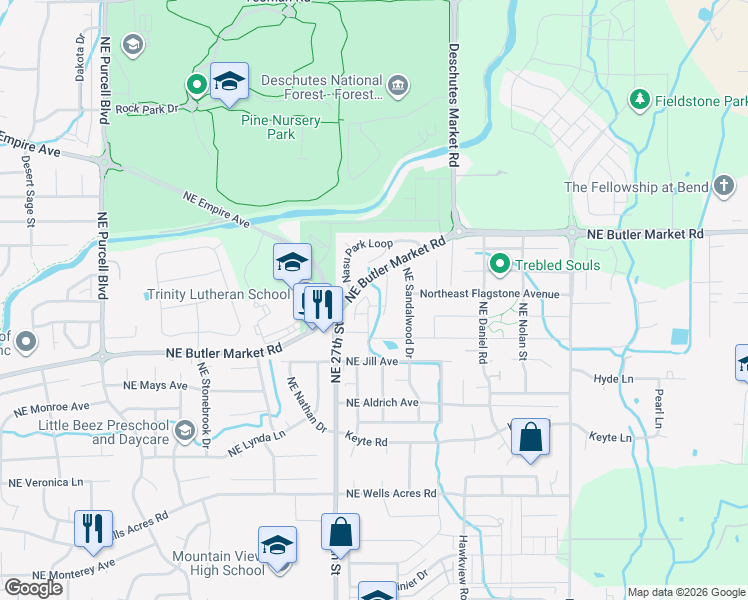 map of restaurants, bars, coffee shops, grocery stores, and more near 3384 Northeast Marys Grace Lane in Bend