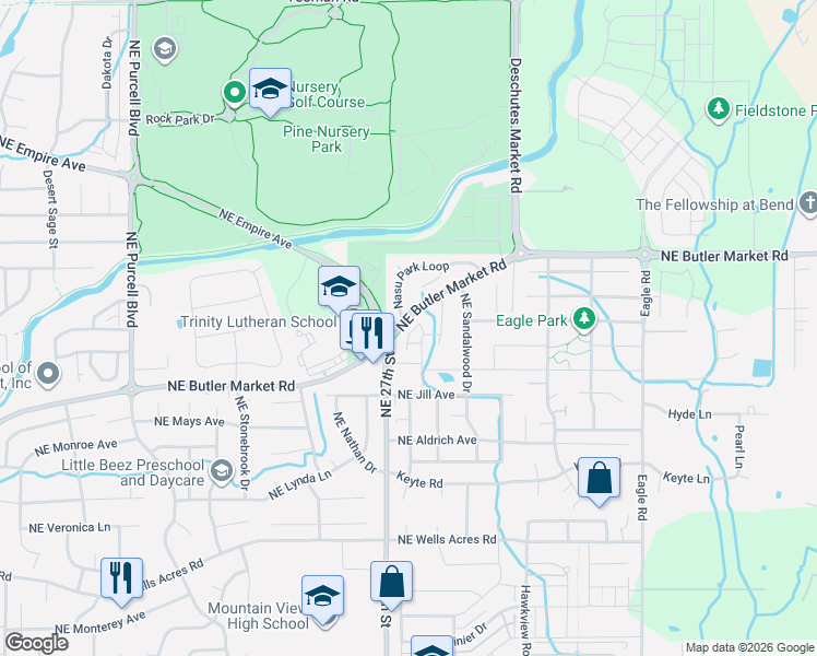 map of restaurants, bars, coffee shops, grocery stores, and more near 2525 Northeast Butler Market Road in Bend