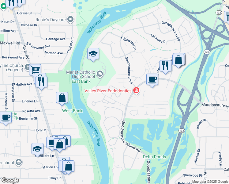 map of restaurants, bars, coffee shops, grocery stores, and more near 1861 Kingsley Road in Eugene