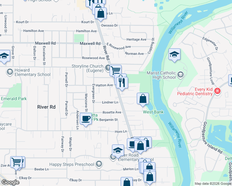 map of restaurants, bars, coffee shops, grocery stores, and more near 30 East Hatton Avenue in Eugene