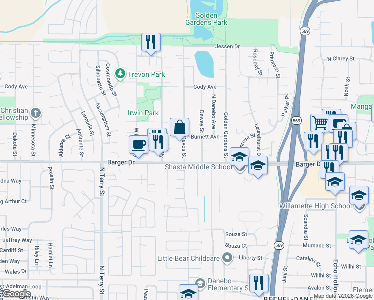 map of restaurants, bars, coffee shops, grocery stores, and more near 2020 Devos Street in Eugene