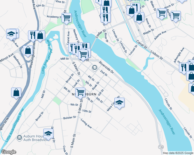 map of restaurants, bars, coffee shops, grocery stores, and more near 74 4th Street in Auburn