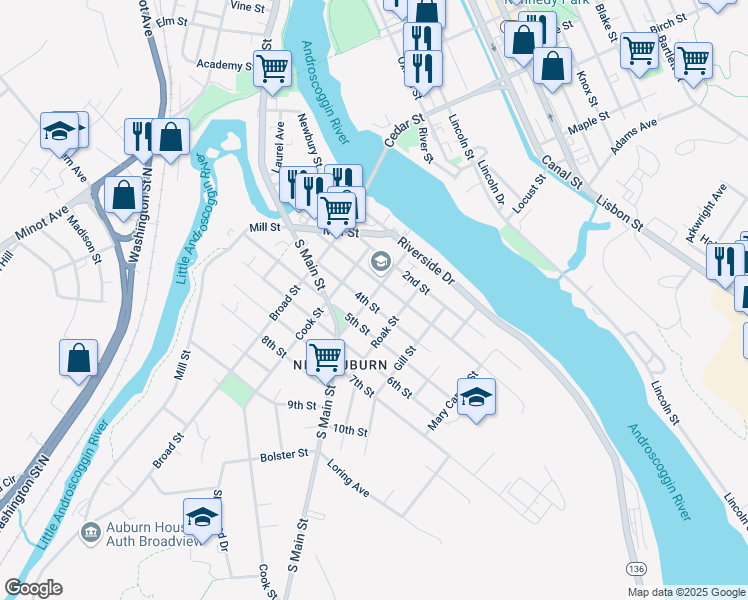 map of restaurants, bars, coffee shops, grocery stores, and more near 74 4th Street in Auburn
