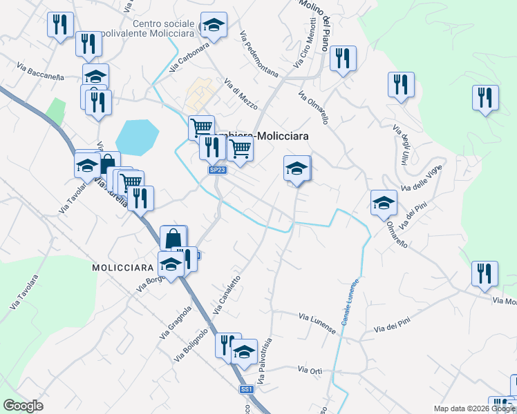 map of restaurants, bars, coffee shops, grocery stores, and more near 66 Via Canaletto in Colombiera-molicciara