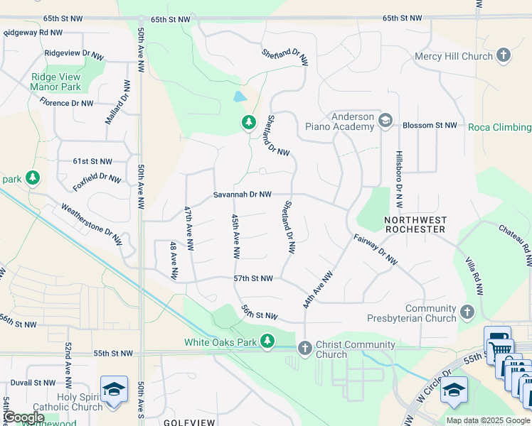 map of restaurants, bars, coffee shops, grocery stores, and more near London Lane Northwest in Rochester