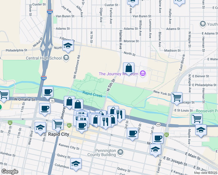 map of restaurants, bars, coffee shops, grocery stores, and more near 101 North 5th Street in Rapid City