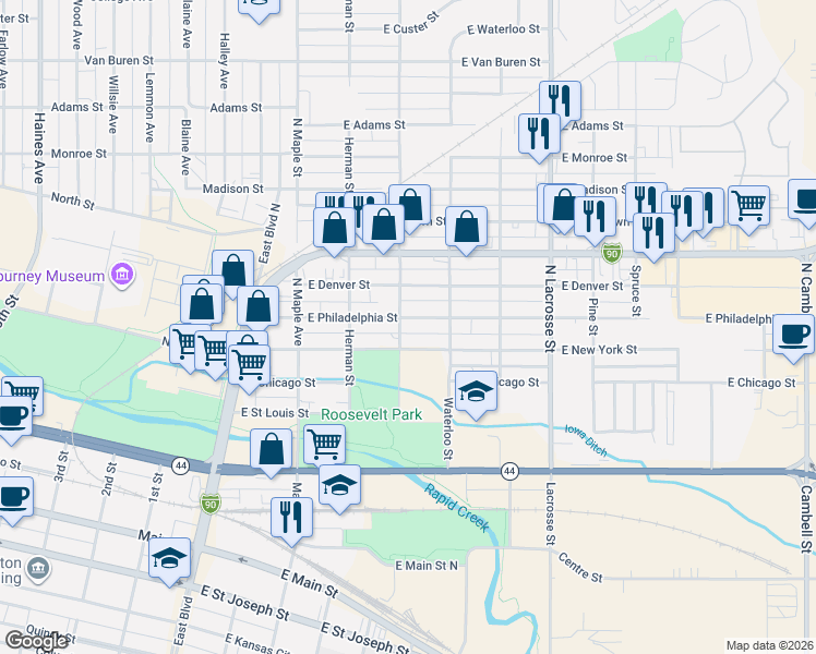 map of restaurants, bars, coffee shops, grocery stores, and more near 304 East New York Street in Rapid City