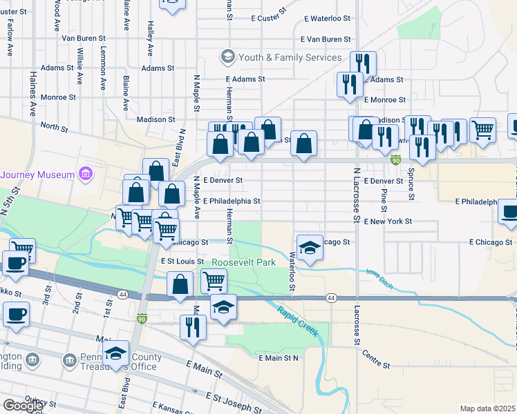 map of restaurants, bars, coffee shops, grocery stores, and more near 304 East New York Street in Rapid City