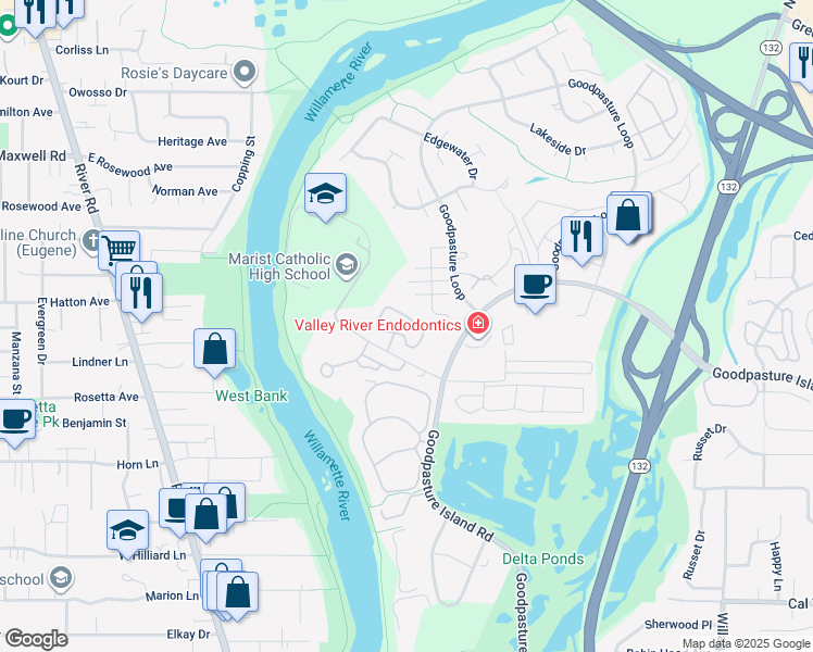 map of restaurants, bars, coffee shops, grocery stores, and more near 1861 Kingsley Road in Eugene