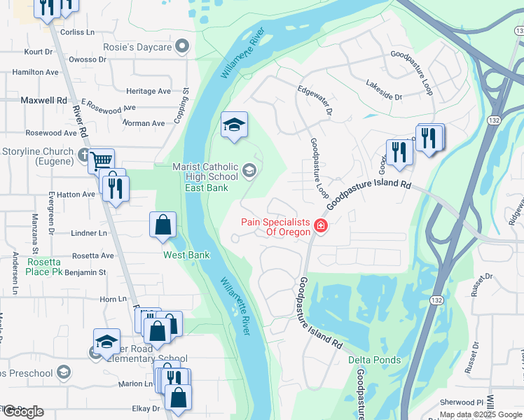 map of restaurants, bars, coffee shops, grocery stores, and more near 1885 Riverwood Drive in Eugene