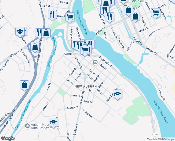 map of restaurants, bars, coffee shops, grocery stores, and more near 92 5th Street in Auburn