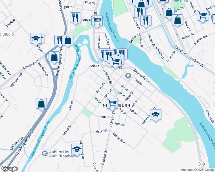 map of restaurants, bars, coffee shops, grocery stores, and more near 57 Cook Street in Auburn