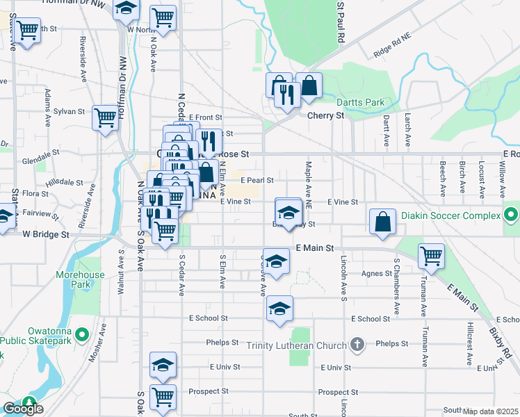 map of restaurants, bars, coffee shops, grocery stores, and more near 315 East Vine Street in Owatonna