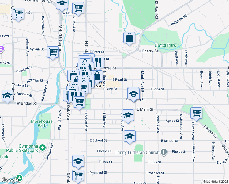 map of restaurants, bars, coffee shops, grocery stores, and more near 234 Broadway Street in Owatonna