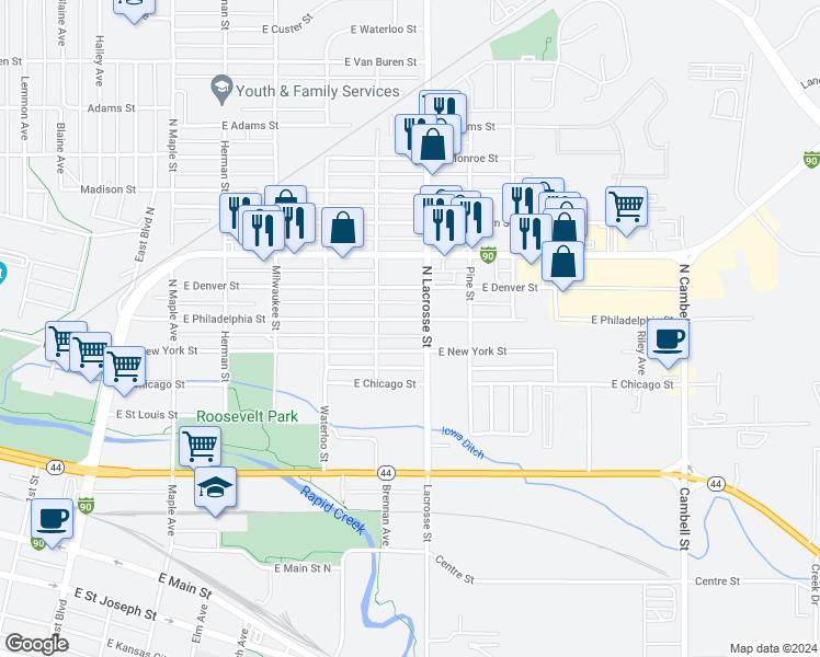 map of restaurants, bars, coffee shops, grocery stores, and more near 523 East Philadelphia Street in Rapid City