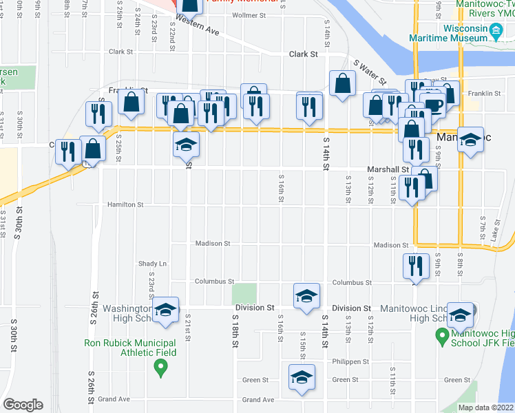 map of restaurants, bars, coffee shops, grocery stores, and more near 1705 Hamilton Street in Manitowoc