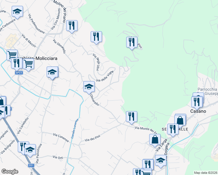 map of restaurants, bars, coffee shops, grocery stores, and more near 12 Via dei Pini in Colombiera-Molicciara