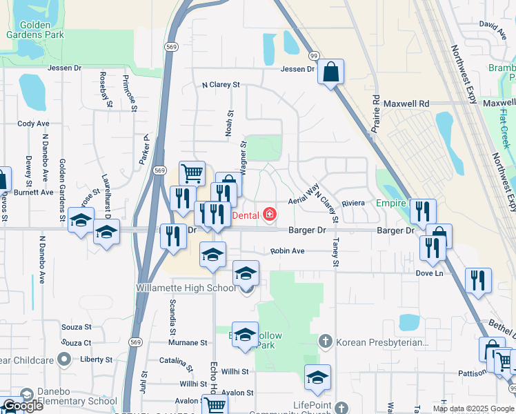 map of restaurants, bars, coffee shops, grocery stores, and more near 4120 Quest Drive in Eugene