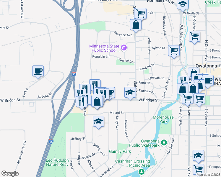 map of restaurants, bars, coffee shops, grocery stores, and more near 614 West Bridge Street in Owatonna