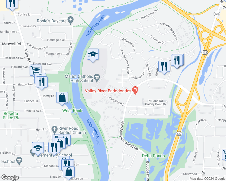 map of restaurants, bars, coffee shops, grocery stores, and more near 1815 Kingsley Road in Eugene