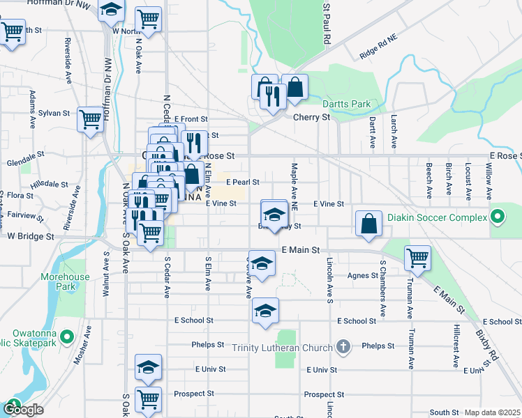 map of restaurants, bars, coffee shops, grocery stores, and more near 315 East Vine Street in Owatonna