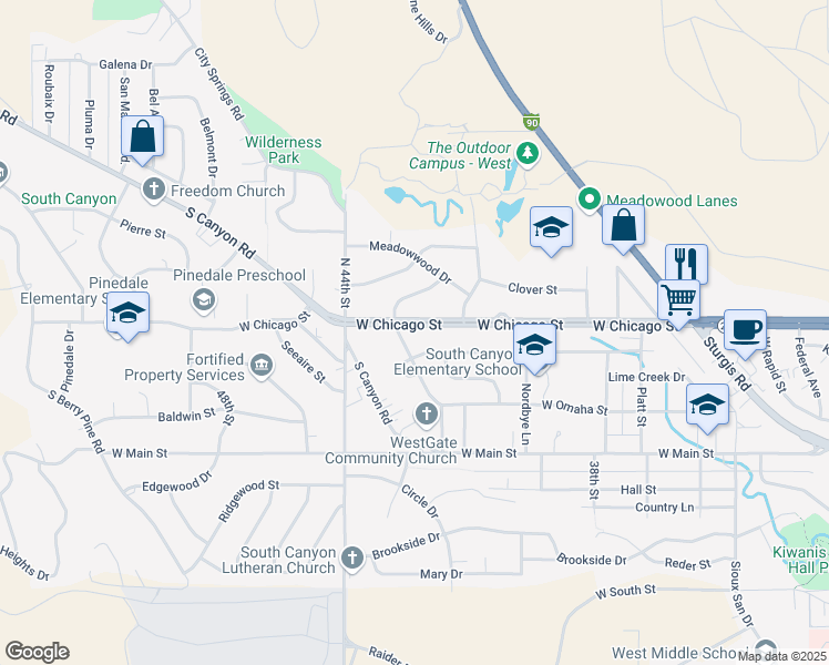map of restaurants, bars, coffee shops, grocery stores, and more near 4223 West Chicago Street in Rapid City