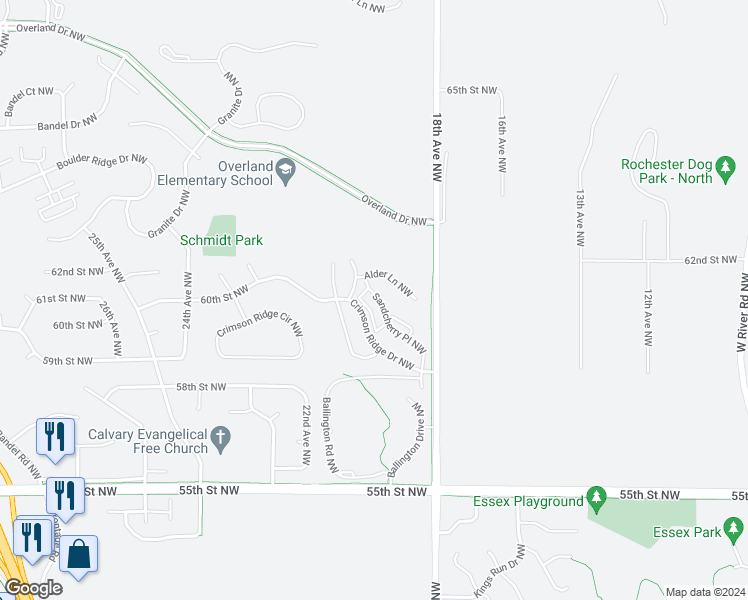 map of restaurants, bars, coffee shops, grocery stores, and more near 5979 Sandcherry Place Northwest in Rochester