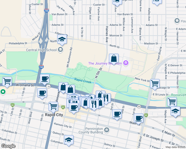 map of restaurants, bars, coffee shops, grocery stores, and more near 101-221 North 5th Street in Rapid City