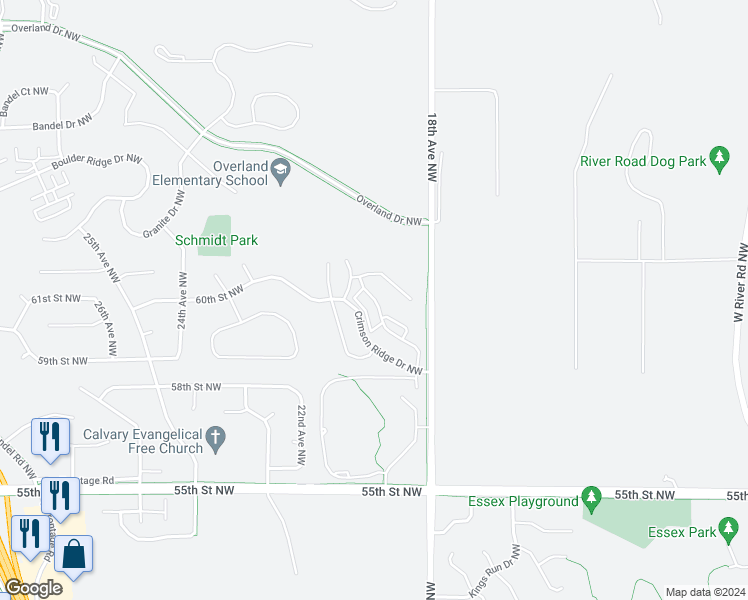 map of restaurants, bars, coffee shops, grocery stores, and more near 5964 Sandcherry Place Northwest in Rochester