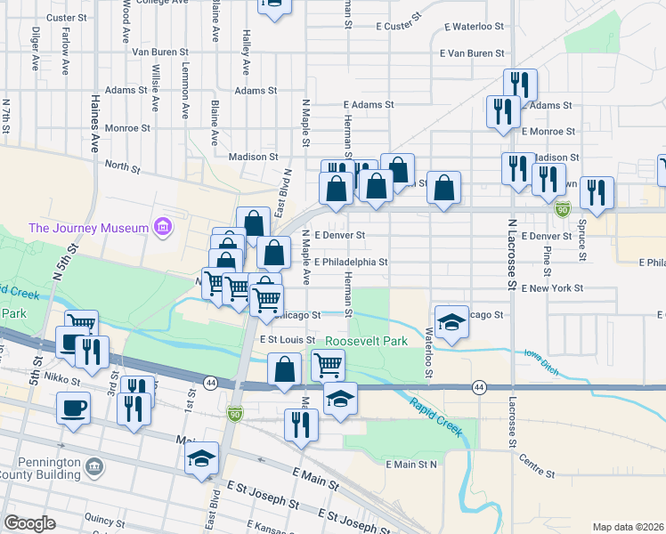 map of restaurants, bars, coffee shops, grocery stores, and more near 125 East Philadelphia Street in Rapid City