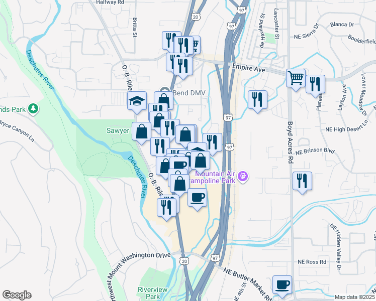 map of restaurants, bars, coffee shops, grocery stores, and more near 100 Northeast Bend River Mall Drive in Bend