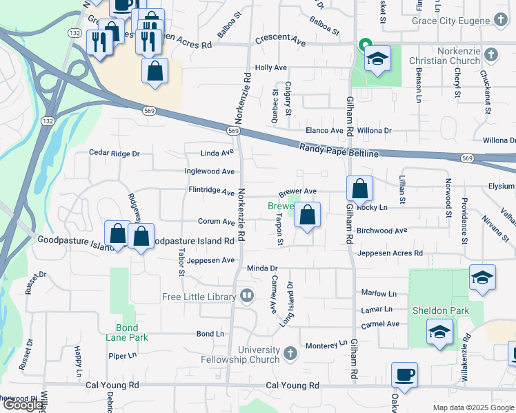 map of restaurants, bars, coffee shops, grocery stores, and more near 1665 Linnea Avenue in Eugene