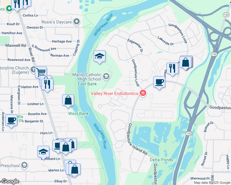 map of restaurants, bars, coffee shops, grocery stores, and more near 1885 Riverwood Drive in Eugene