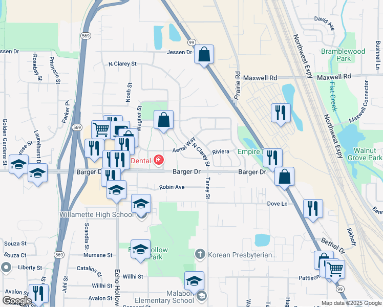 map of restaurants, bars, coffee shops, grocery stores, and more near 3726 North Clarey Street in Eugene