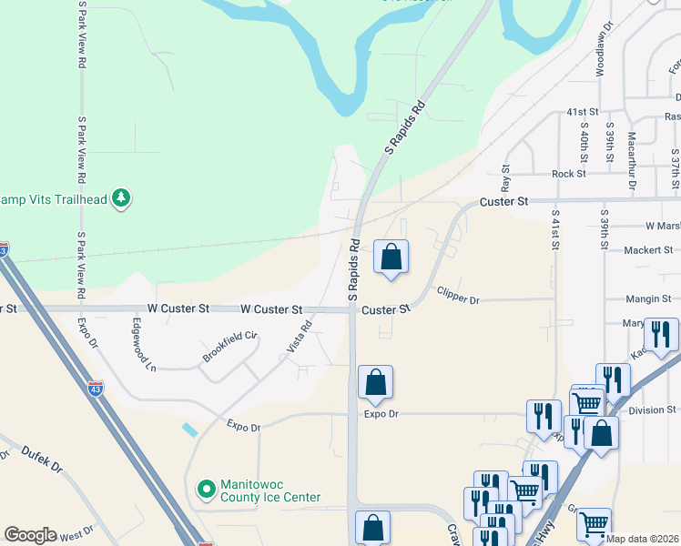 map of restaurants, bars, coffee shops, grocery stores, and more near 1235 South Rapids Road in Manitowoc