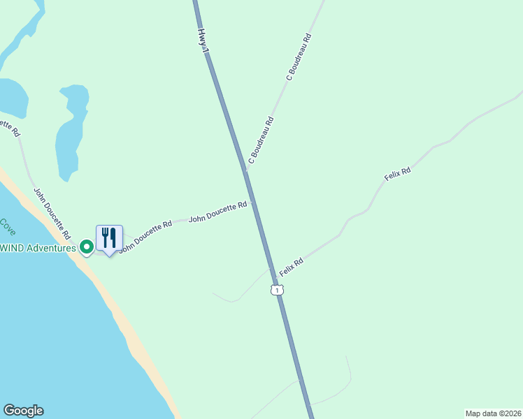 map of restaurants, bars, coffee shops, grocery stores, and more near 5686 Highway 1 in Mavillette