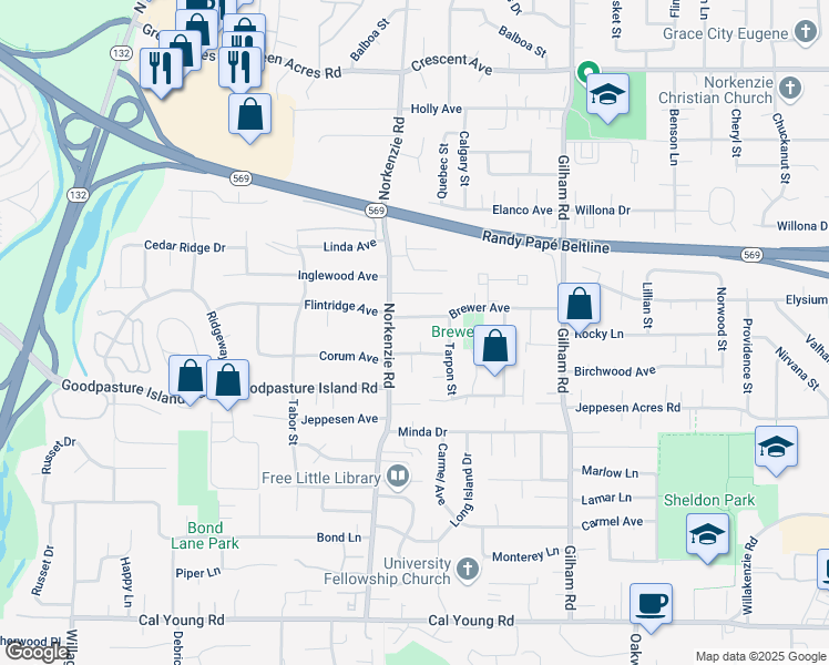 map of restaurants, bars, coffee shops, grocery stores, and more near 1665 Linnea Avenue in Eugene