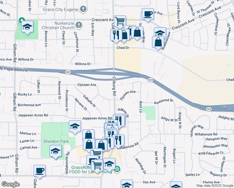 map of restaurants, bars, coffee shops, grocery stores, and more near 2802 Elysium Avenue in Eugene