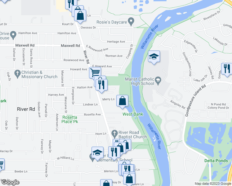 map of restaurants, bars, coffee shops, grocery stores, and more near 1365 Lanson Lane in Eugene