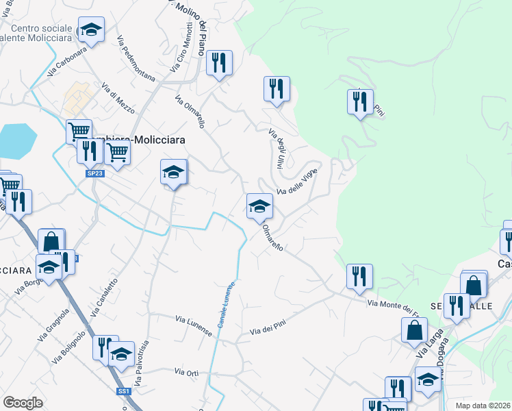 map of restaurants, bars, coffee shops, grocery stores, and more near 40 Via Olmarello in Colombiera-molicciara