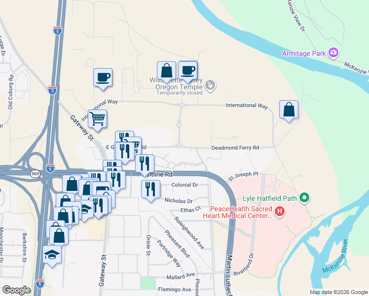 map of restaurants, bars, coffee shops, grocery stores, and more near 3530 East Game Farm Road in Springfield