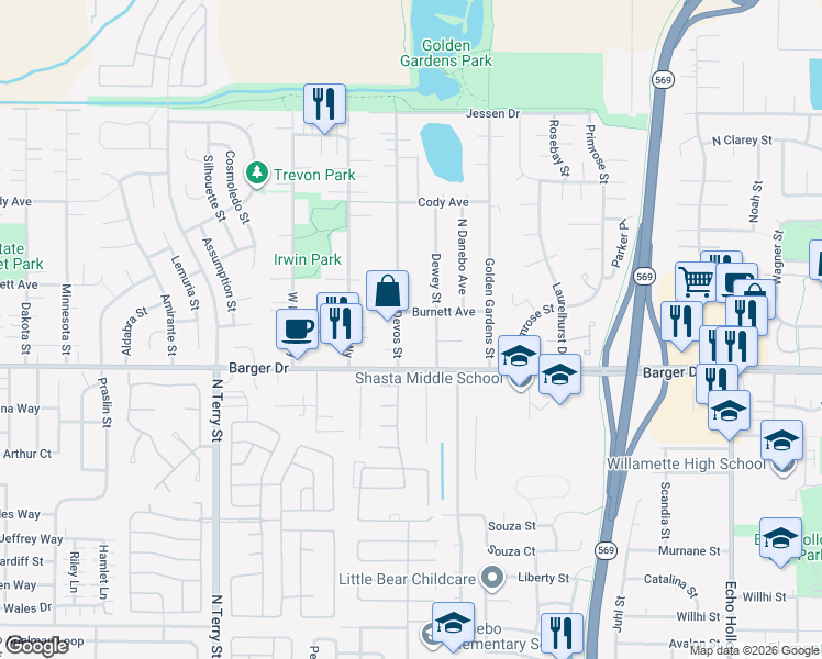 map of restaurants, bars, coffee shops, grocery stores, and more near 2040 Dewey Street in Eugene