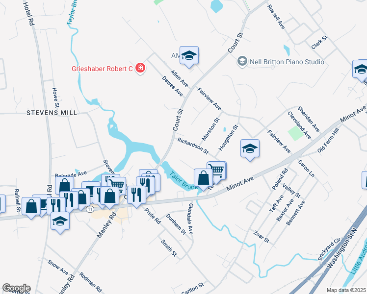 map of restaurants, bars, coffee shops, grocery stores, and more near 63 Towle Avenue in Auburn
