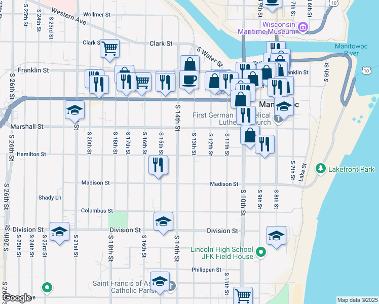 map of restaurants, bars, coffee shops, grocery stores, and more near 1211 South 13th Street in Manitowoc