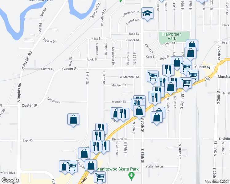 map of restaurants, bars, coffee shops, grocery stores, and more near 3730 Mangin Street in Manitowoc